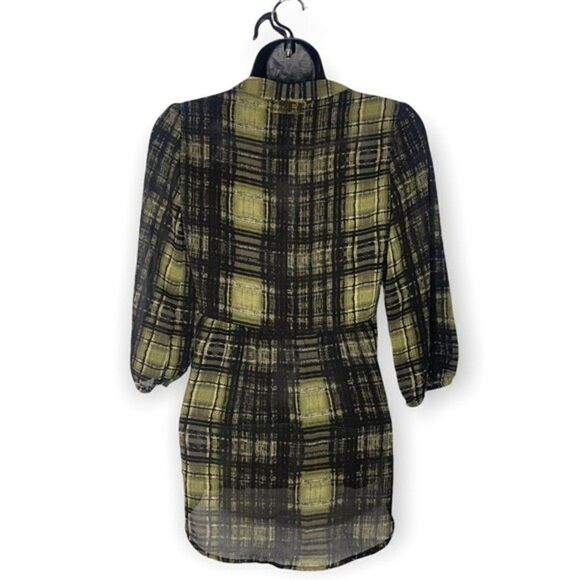 Princess by Vera Wang Blouse Women’s XS Windowpane Plaid Green Lace Up Tunic - Picture 2 of 8